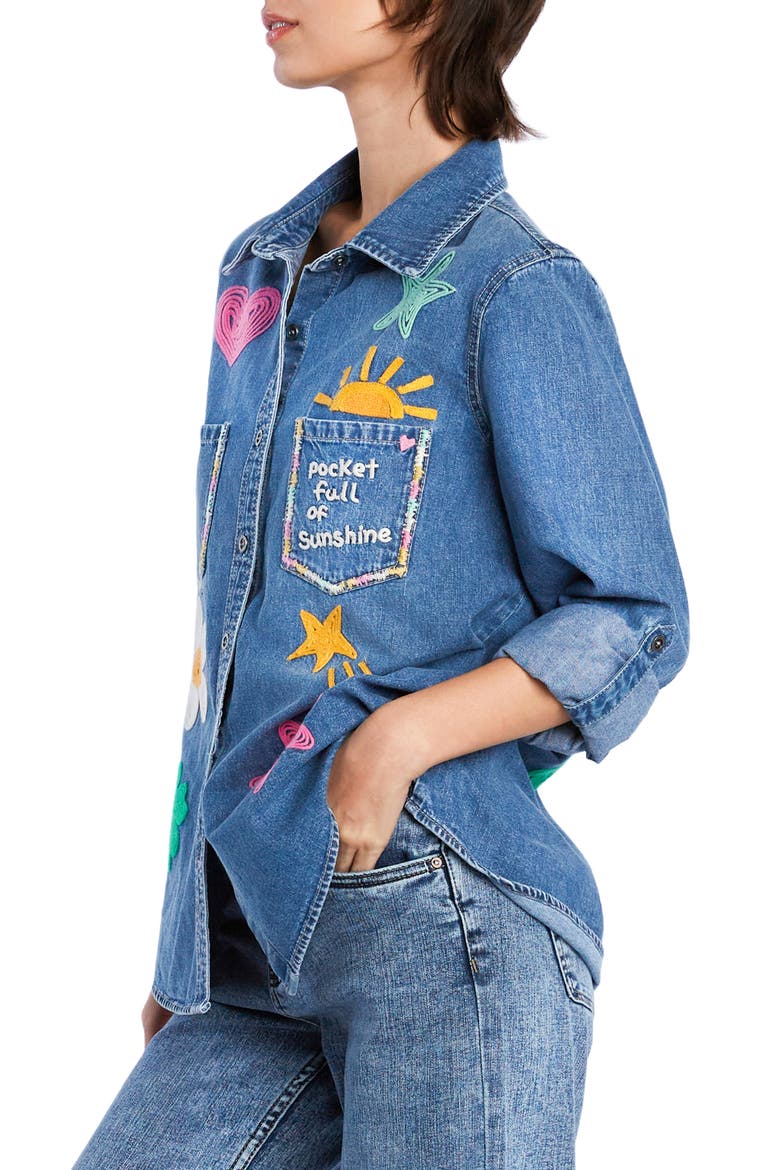 Pocketful of Sunshine Embroidered Denim Graphic Button-Up Shirt, Alternate, color, VINTAGE DENIM