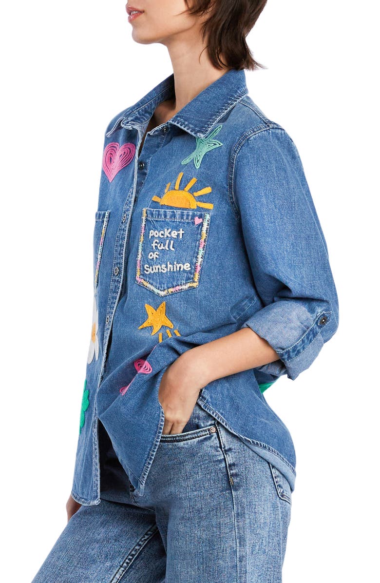 Billy T Pocketful of Sunshine Embroidered Denim Graphic Button-Up Shirt, Alternate, color, Vintage Denim