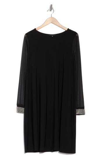 Tash And Sophie Faux Pearl Cuff Long Sleeve Shift Dress In Black/silver