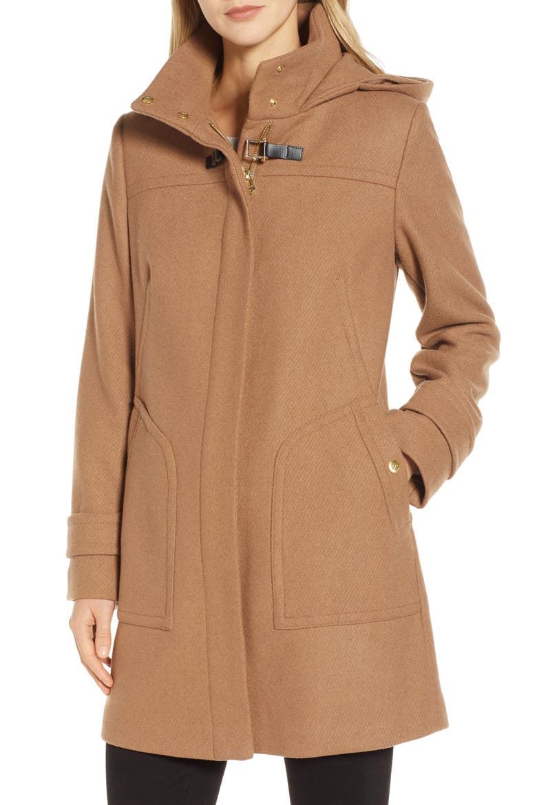 Wool Blend Twill Duffle Jacket with Faux Fur Trim, Alternate, color, CAMEL