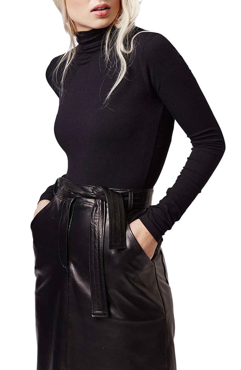 Topshop Ribbed Funnel Neck Bodysuit, Main, color, 