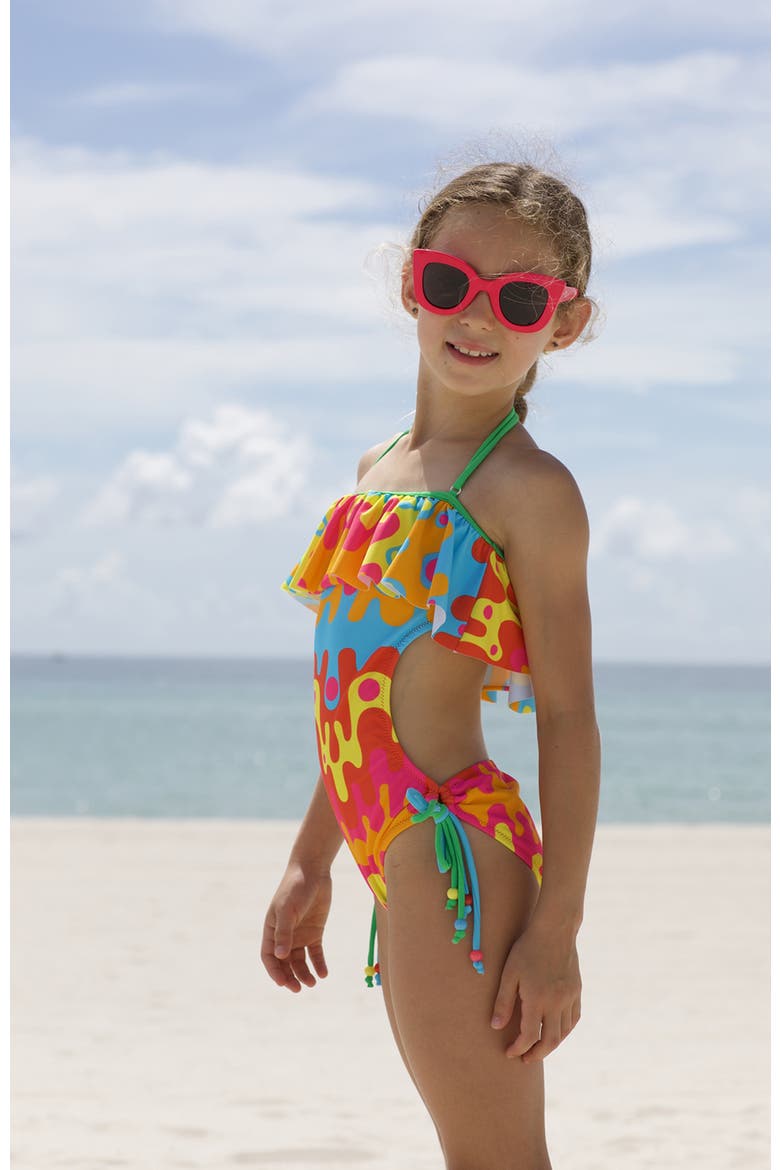 Abstract Lava Flow with Beaded Side Ties One-Piece Swimsuit, Alternate, color, Multicolor