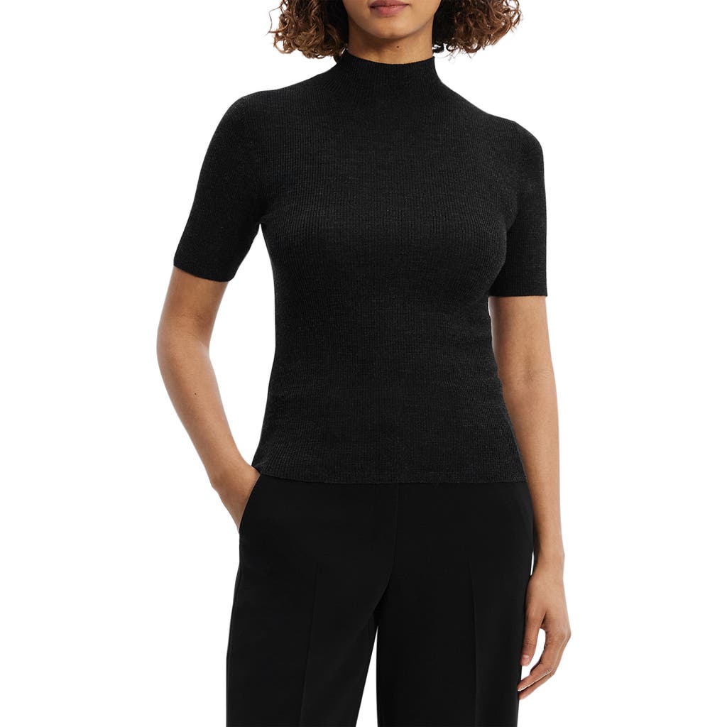 Theory Leenda Regal Merino Wool Short-sleeve Mock-neck Top In Black