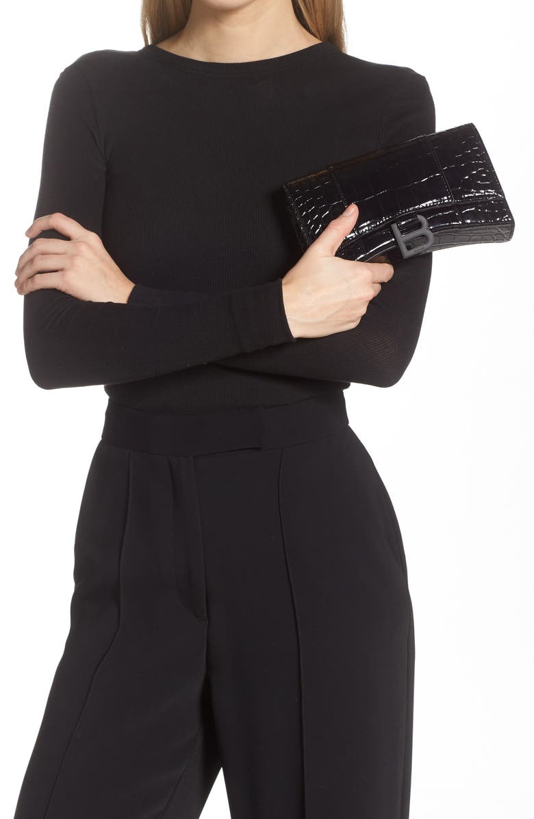 Balenciaga Hourglass Croc Embossed Leather Wallet on a Chain, Alternate, color,