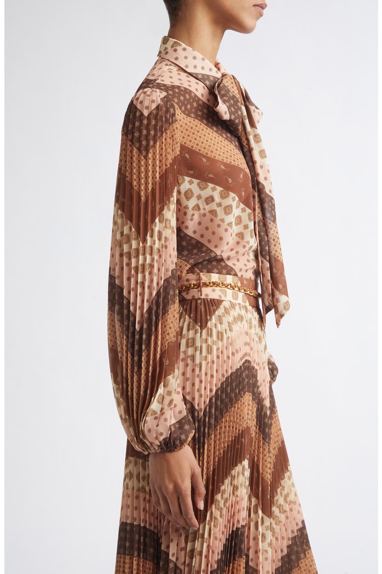 Sunray Chevron Foulard Tie Neck Shirt, Alternate, color, CHEVRON CHOCOLATE
