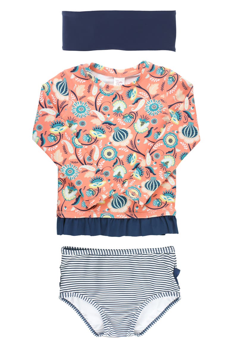 Paisley Paradise Two-Piece Rashguard Swimsuit & Head Wrap Set, Main, color, ORANGE