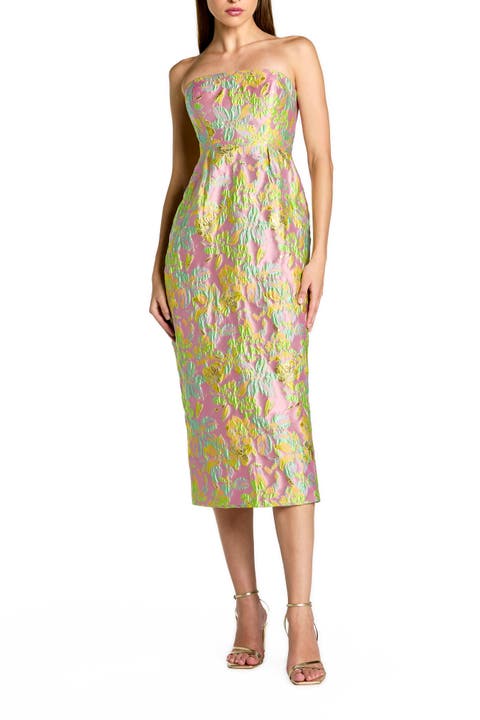 Strapless Floral Brocade Midi Dress