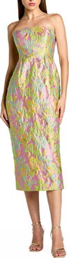 Mac Duggal Strapless Floral Brocade Midi Dress