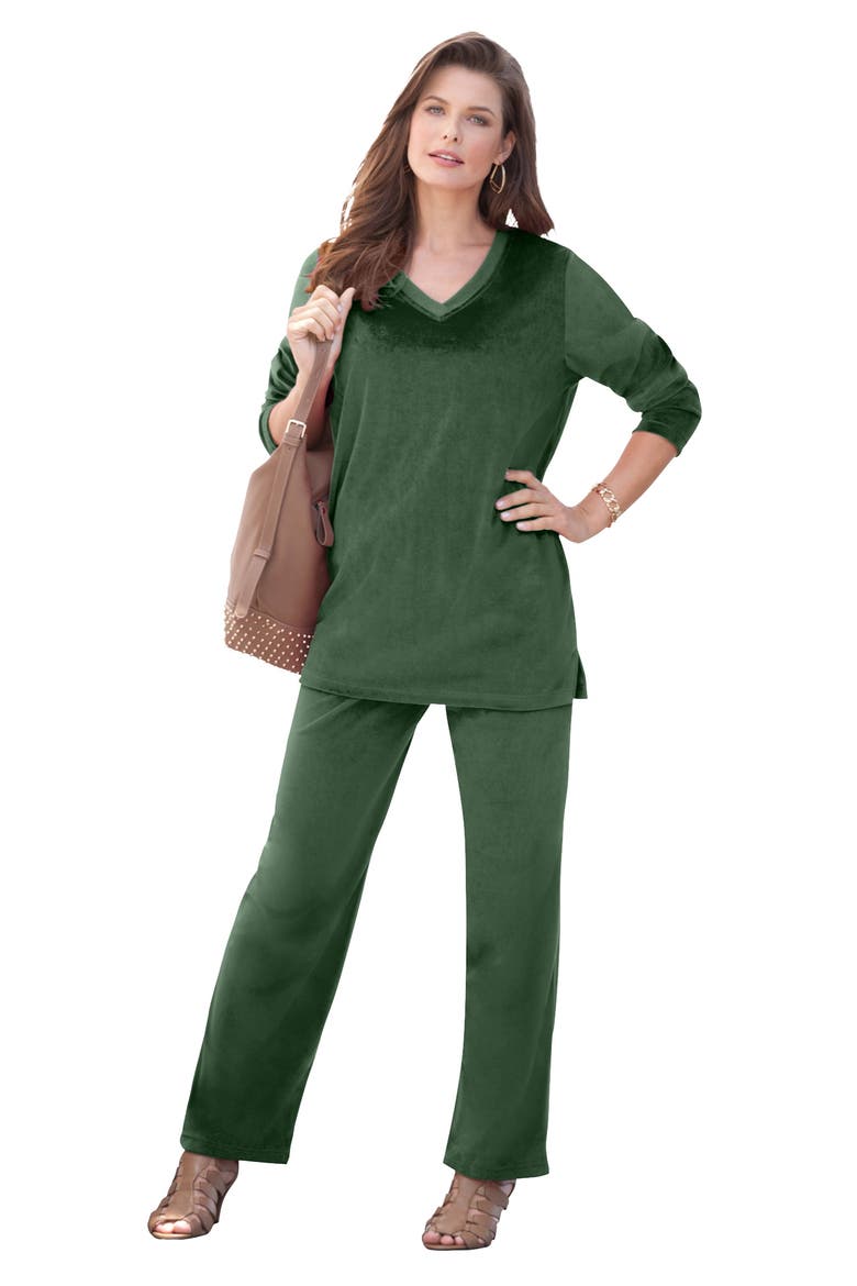 Plus Size Two Piece V Neck Velour Set, Main, color, MIDNIGHT GREEN