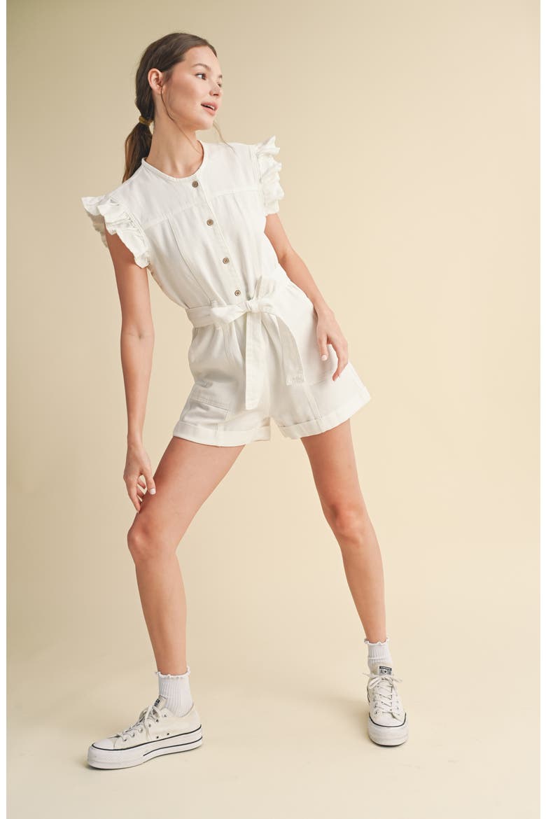 Tie Waist Denim Romper, Alternate, color, WHITE