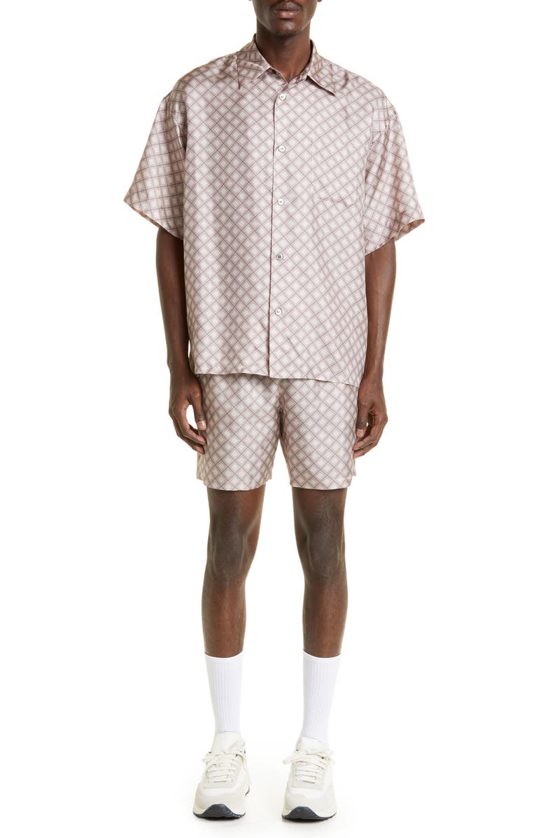 John Elliott Geometric Print Short Sleeve Silk Button-Up Shirt, Alternate, color,