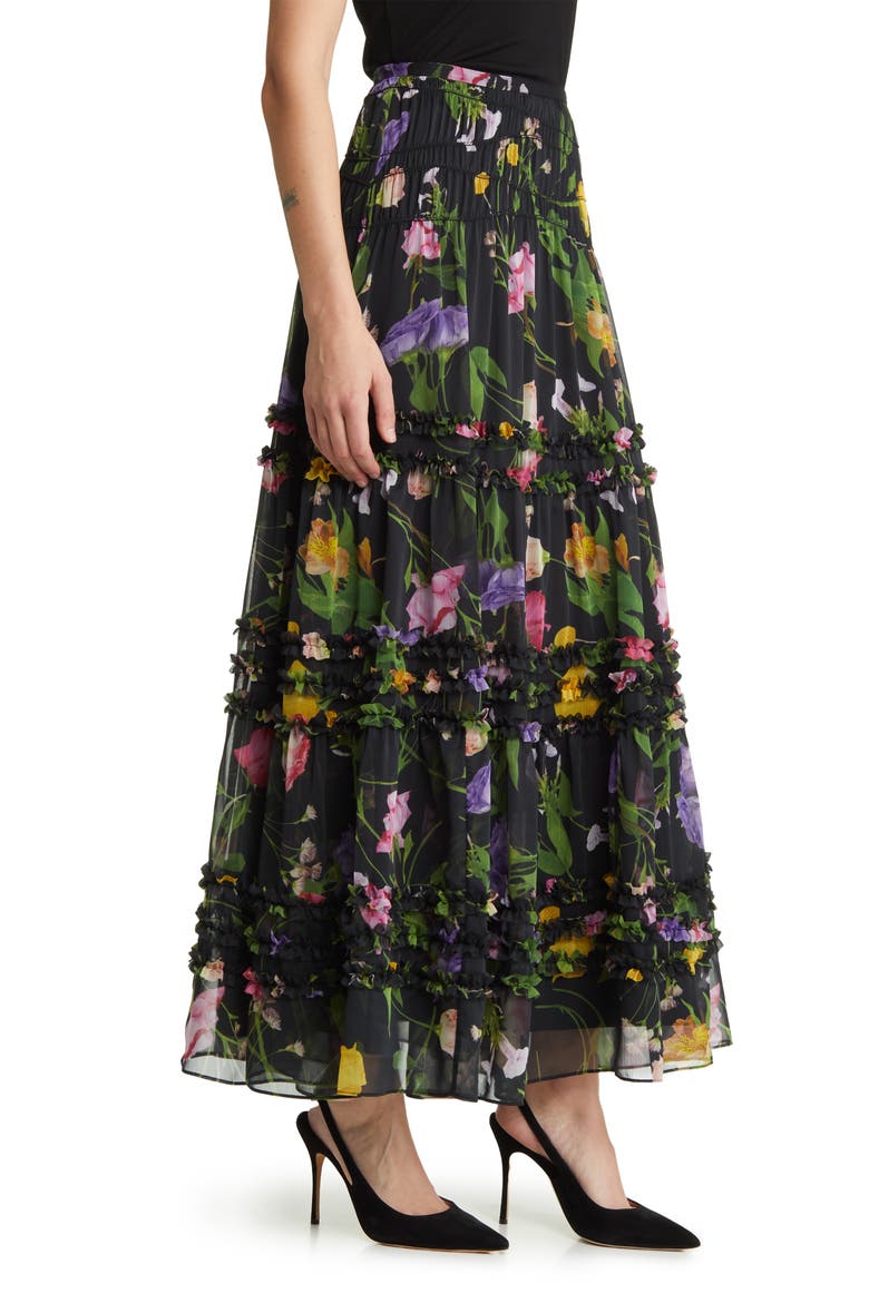 Thieaa Floral Ruffle Tiered Chiffon Skirt, Alternate, color, BLACK