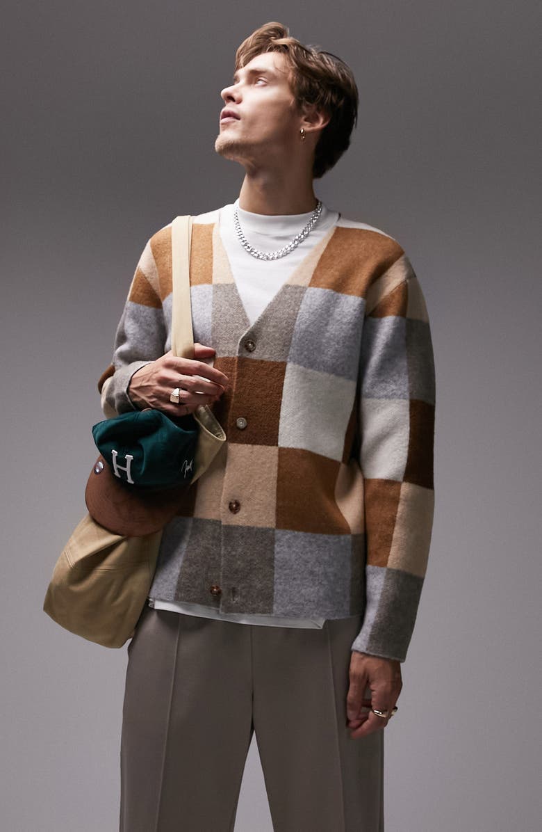 Topman Checkerboard Cardigan, Main, color,