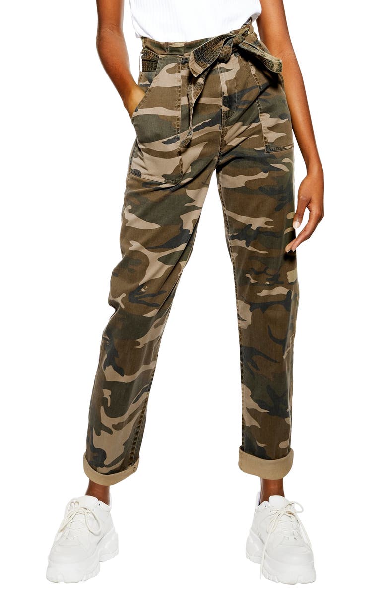 Topshop Camouflage Paperbag Waist Utility Trousers, Main, color, 