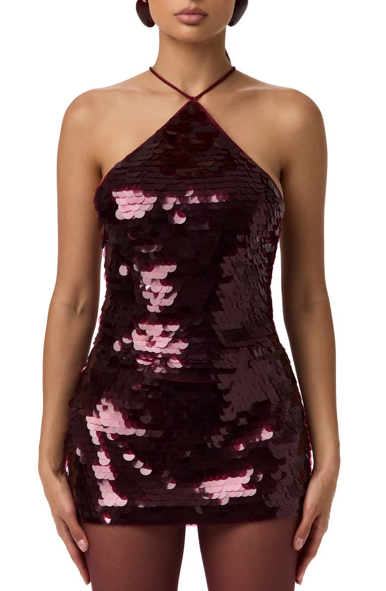 Naked Wardrobe Oversize Sequin Halter Top, Main, color, Cherry Lacquer