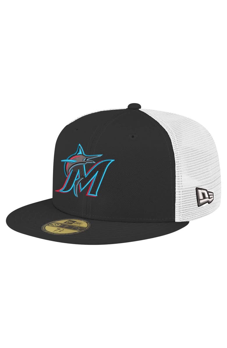 New Era Men's New Era Black Miami Marlins Team Color 59FIFTY Trucker Fitted Hat, Main, color, 