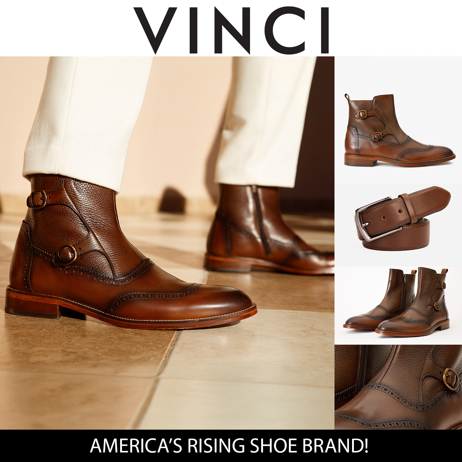 The Rand Leather Double Buckle Brogue Boot With A Zipper, Alternate, color, Brown