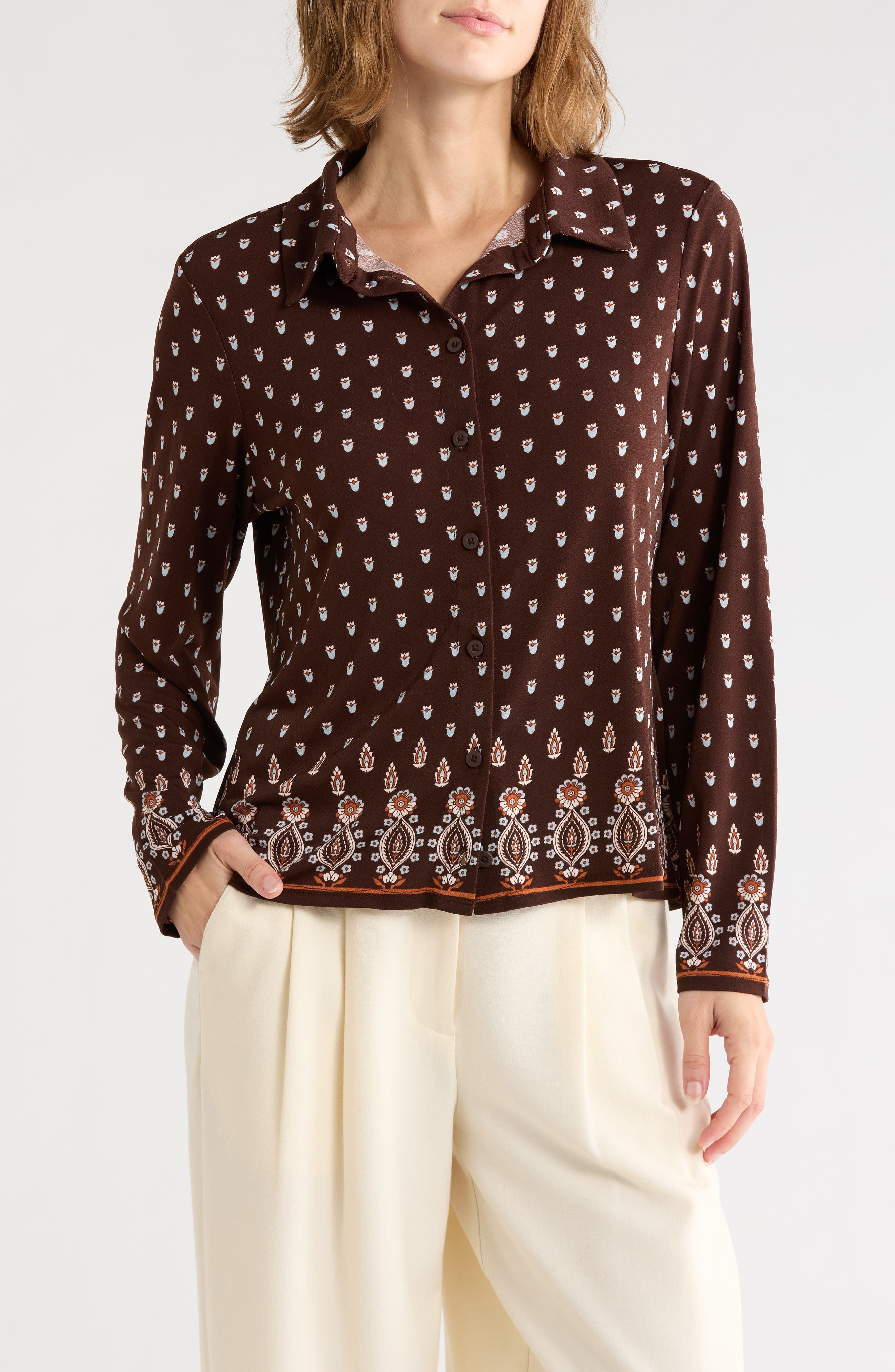 Tulip Print Button Front Knit Top