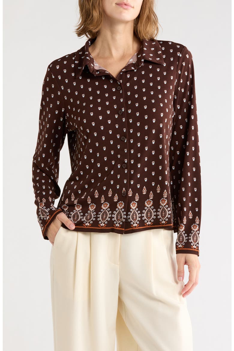 Tulip Print Button Front Knit Top, Main, color, CHOCOLATE TULIP BORDER