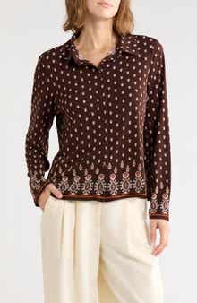 Tulip Print Button Front Knit Top