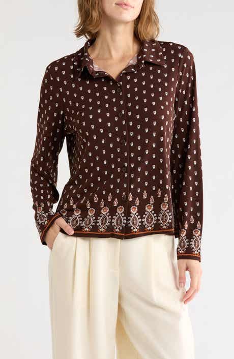Tulip Print Button Front Knit Top