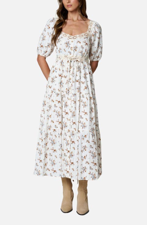 Floral Print Puff Sleeve Midi Dress
