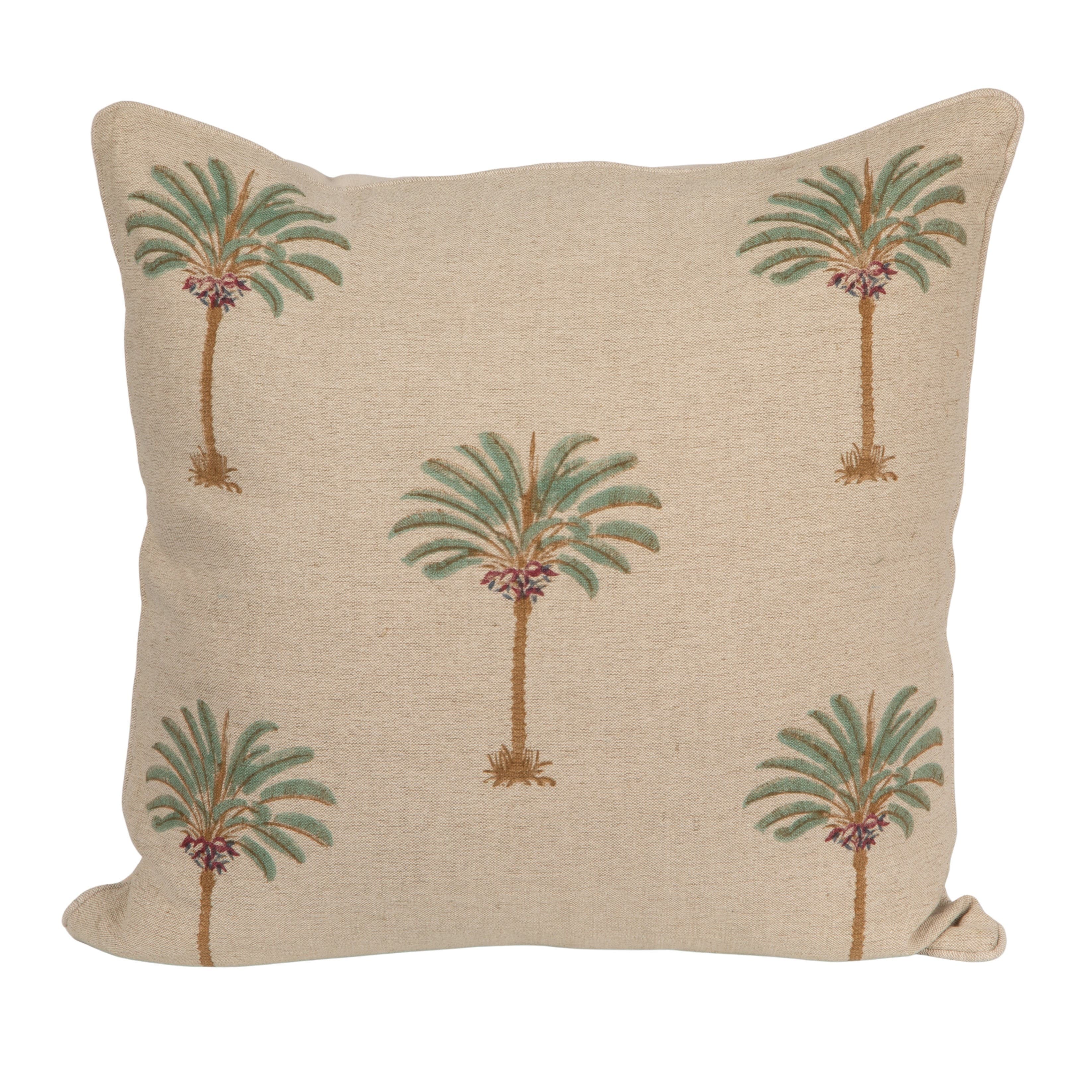 Storied Home Cotton Linen Blend Block Printed Pillow With Palm Trees, Natural, Green And Brown