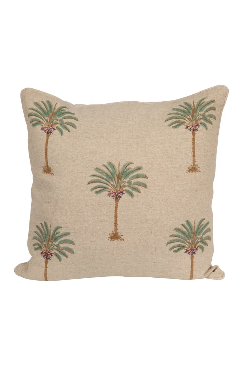 Storied Home Cotton Linen Blend Block Printed Pillow with Palm Trees, Natural, Green and Brown, Main, color, Natural