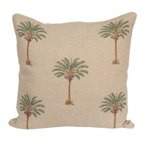 Cotton Linen Blend Block Printed Pillow with Palm Trees, Natural, Green and Brown