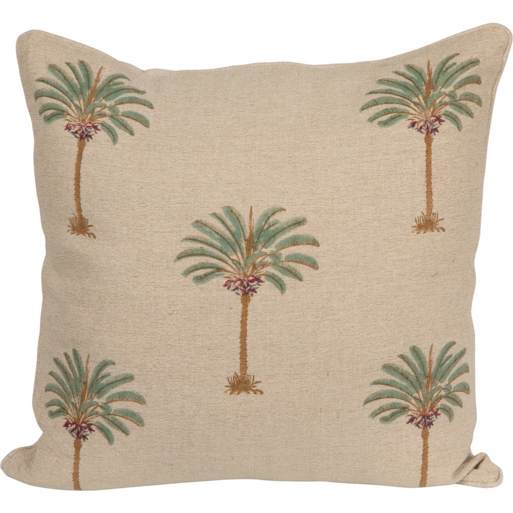 Storied Home Cotton Linen Blend Block Printed Pillow With Palm Trees, Natural, Green And Brown