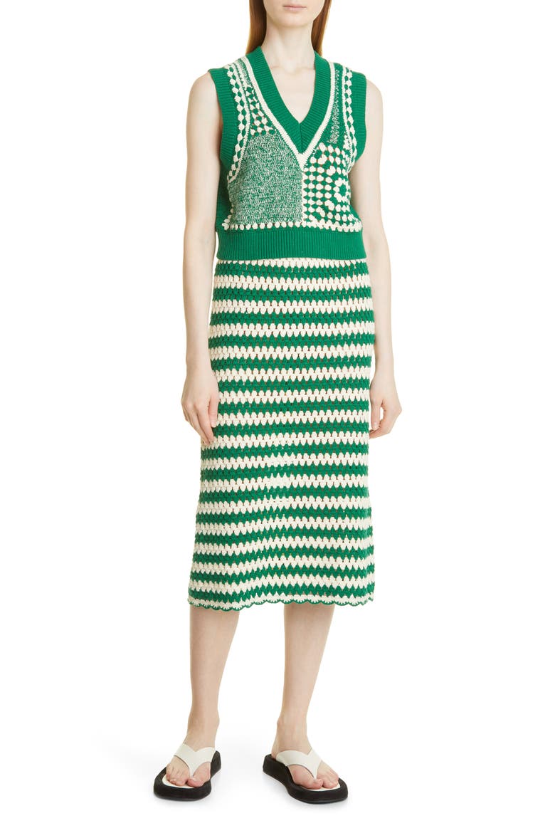 Cicilla Mix Stitch Crochet Organic Cotton Vest, Alternate, color, CREME GREEN CROCHET