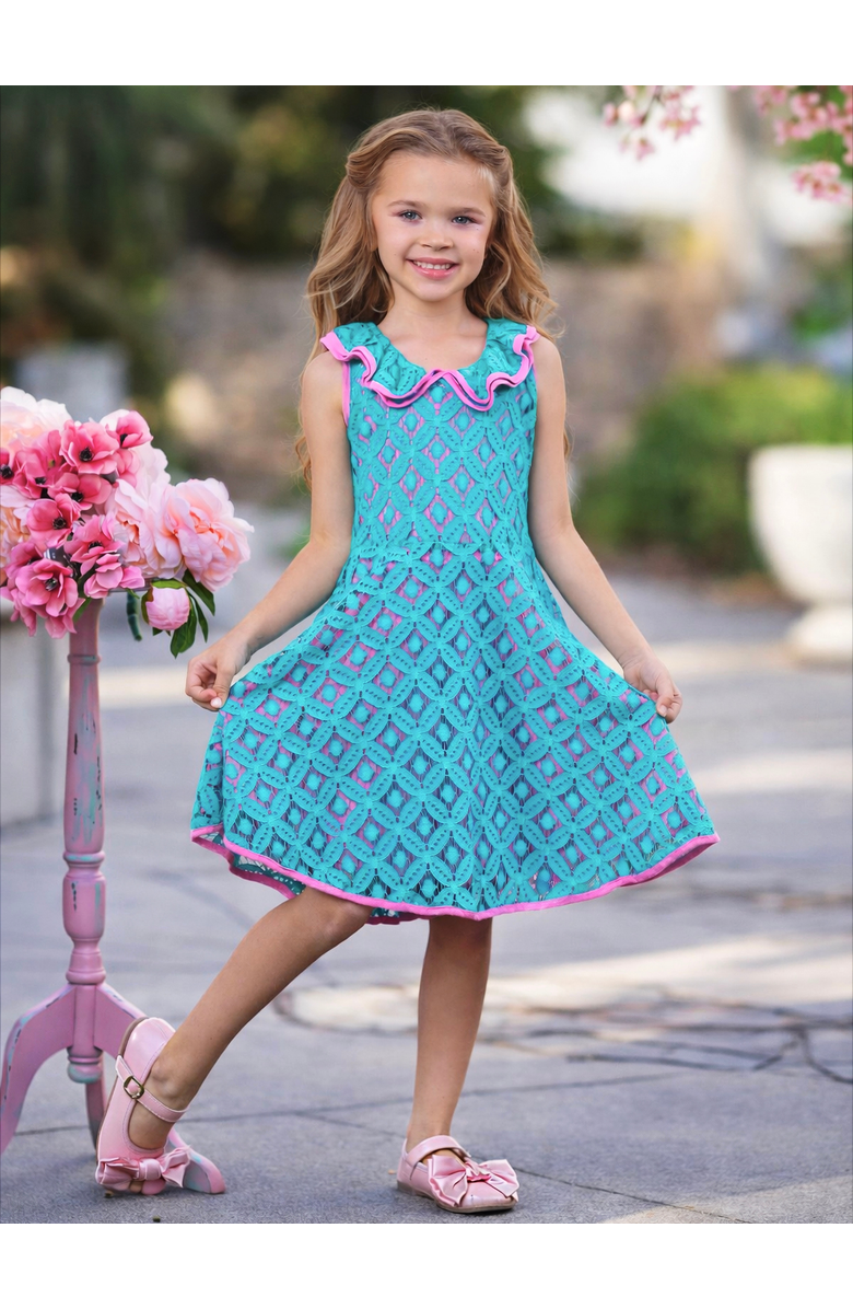 Mia Belle Girls Lacey Scallop Trim Party Dress, Alternate, color, Blue-Green