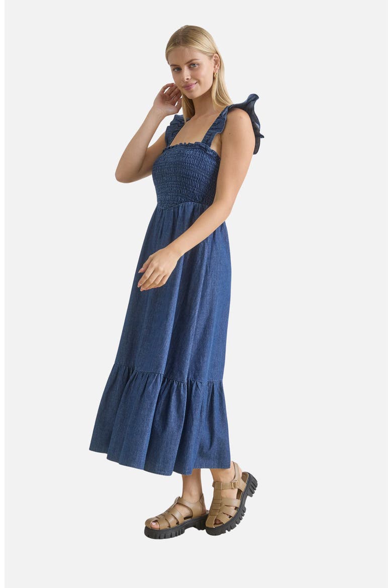 Smocked Denim Midi Dress, Alternate, color, DARK DENIM