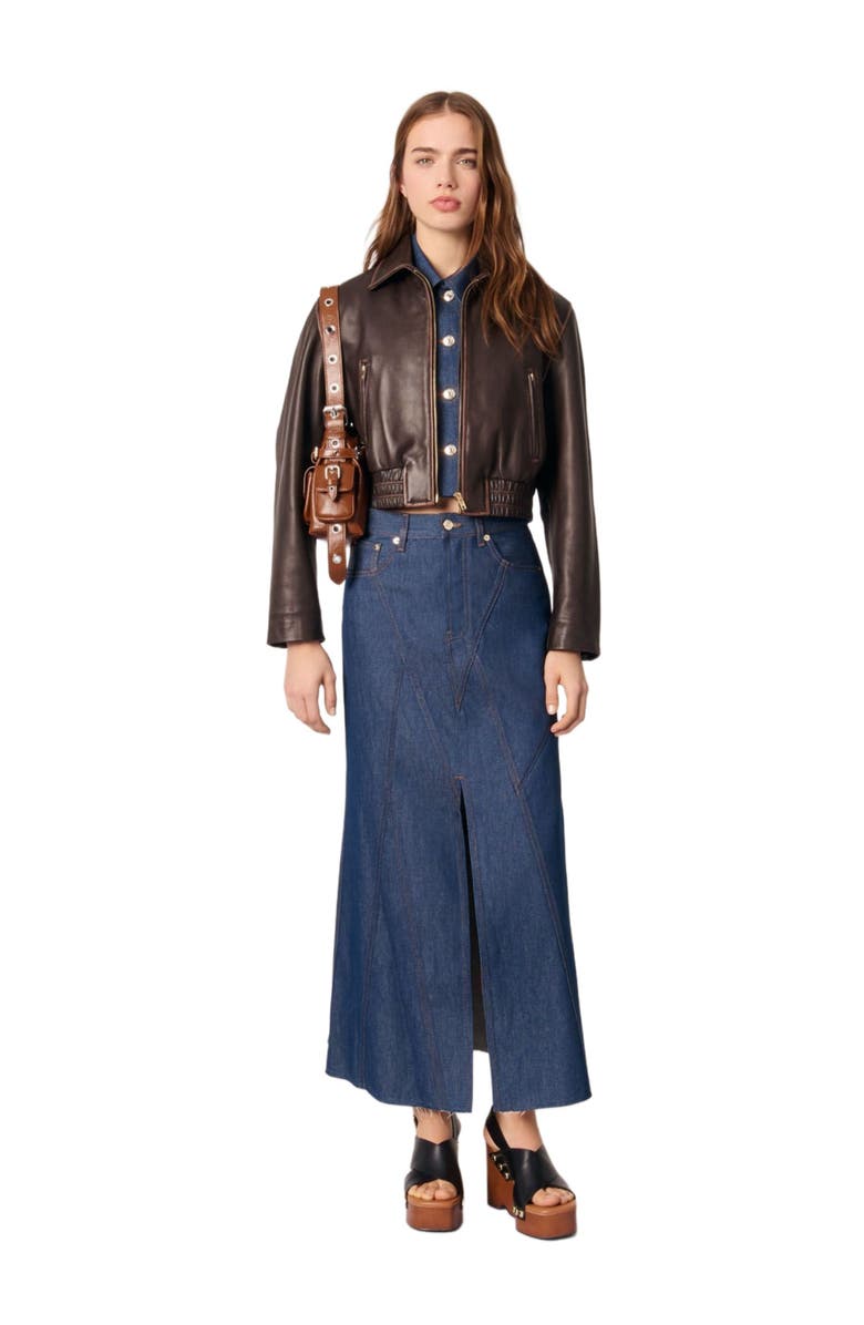 maje Long denim skirt, Alternate, color, 