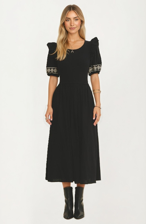 Embroidered Cuff Puff Sleeve Midi Dress