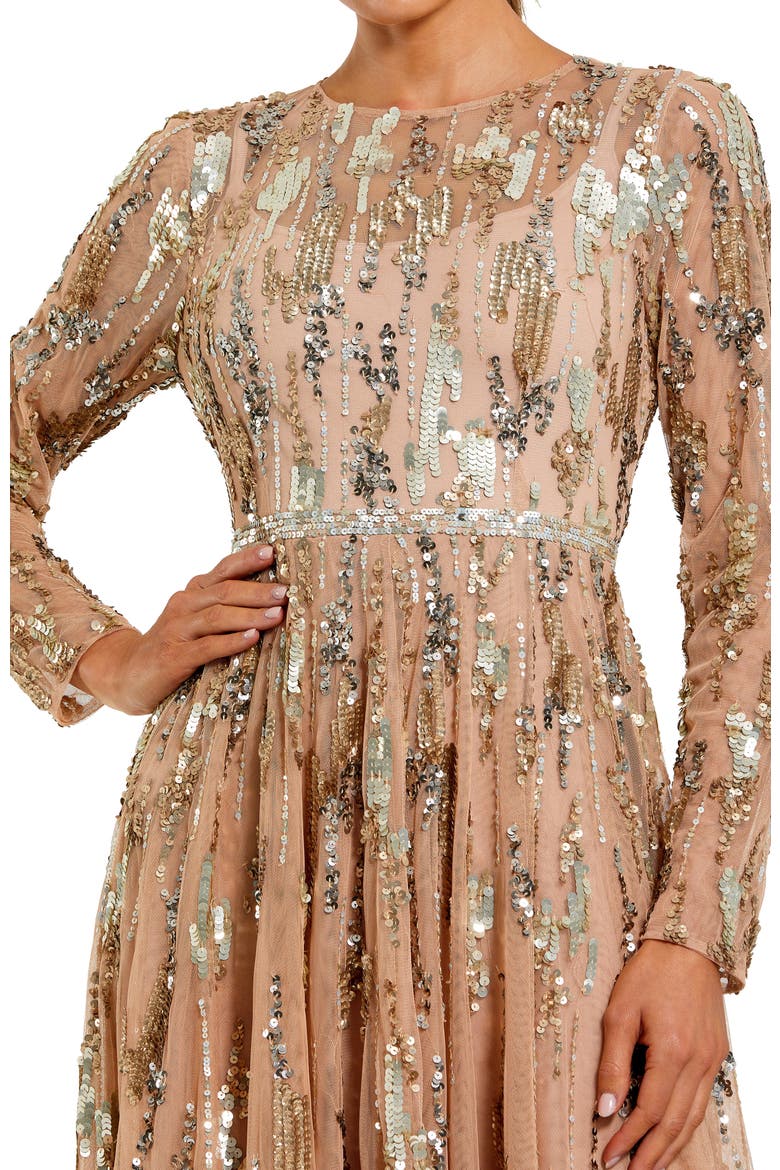 Long Sleeve Mesh Embellished Gown, Alternate, color, Taupe