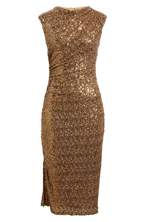 Anne Klein Draped Sleeveless Sequin Sheath Midi Dress In Gold