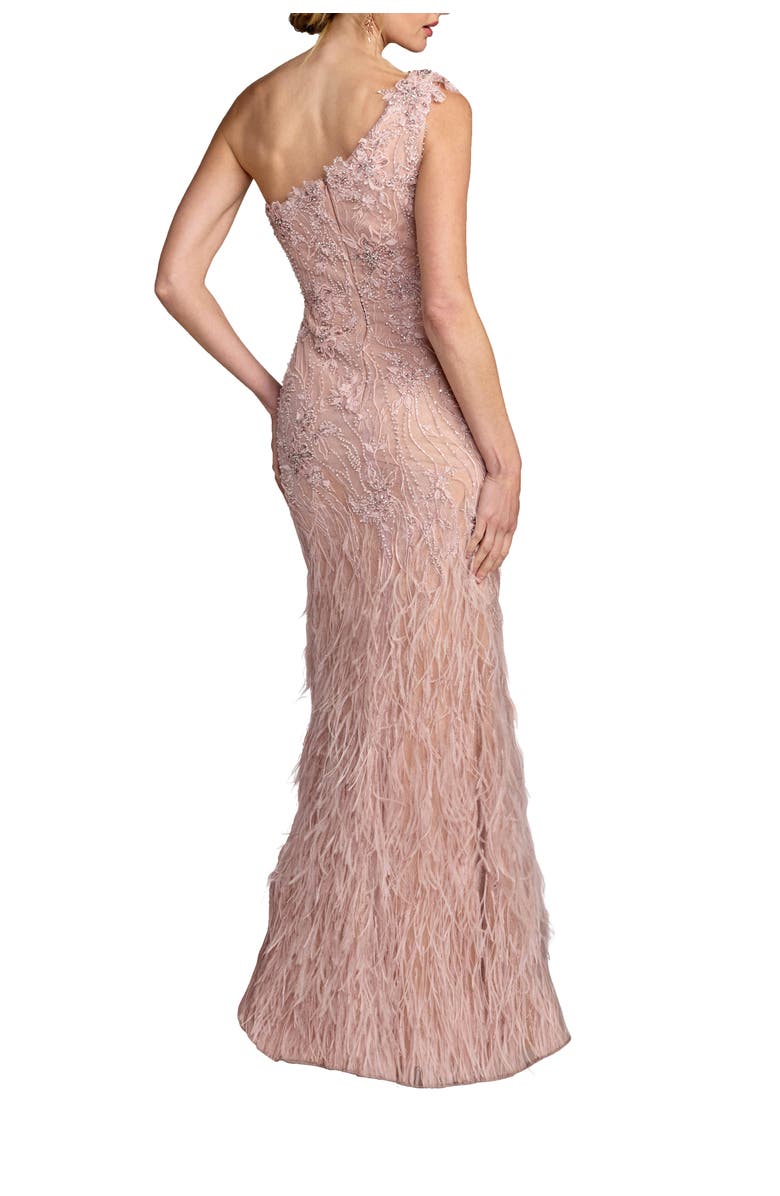 Mac Duggal Embellished Lace One Shoulder Feather Gown, Alternate, color, Vintage Lilac