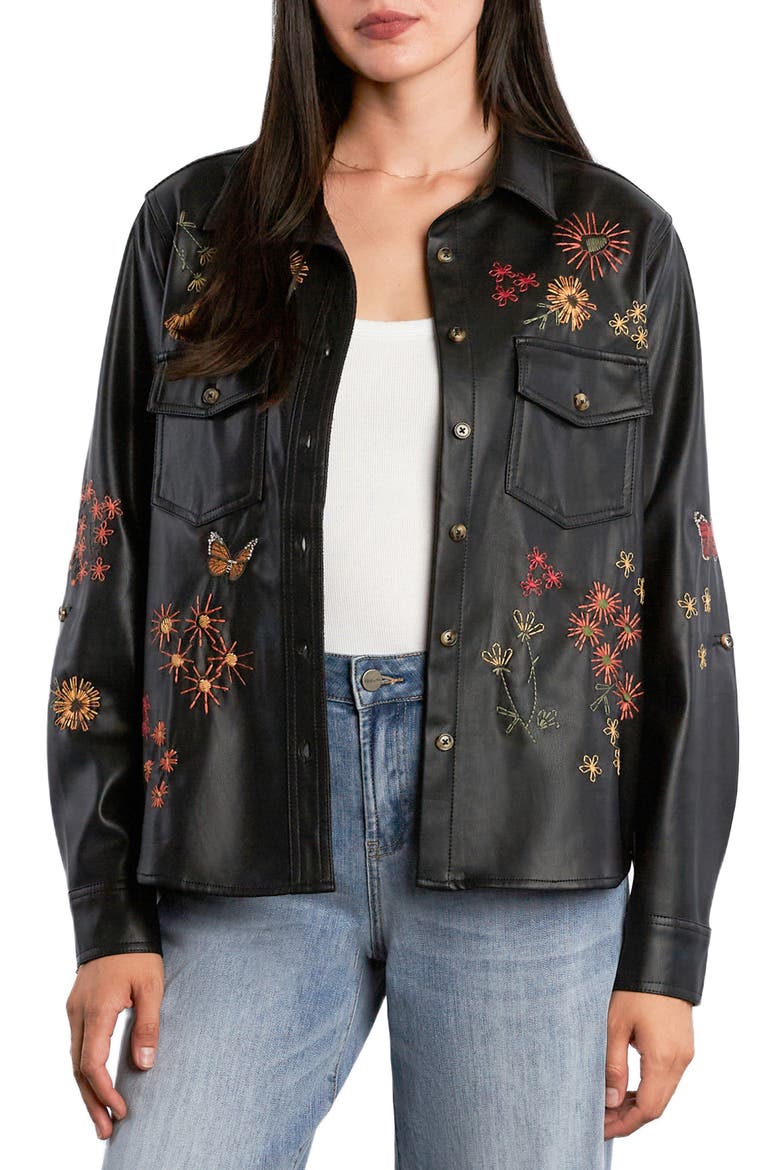 Happy Garden Faux Leather Button-Up Shirt, Main, color, BLACK LAKE