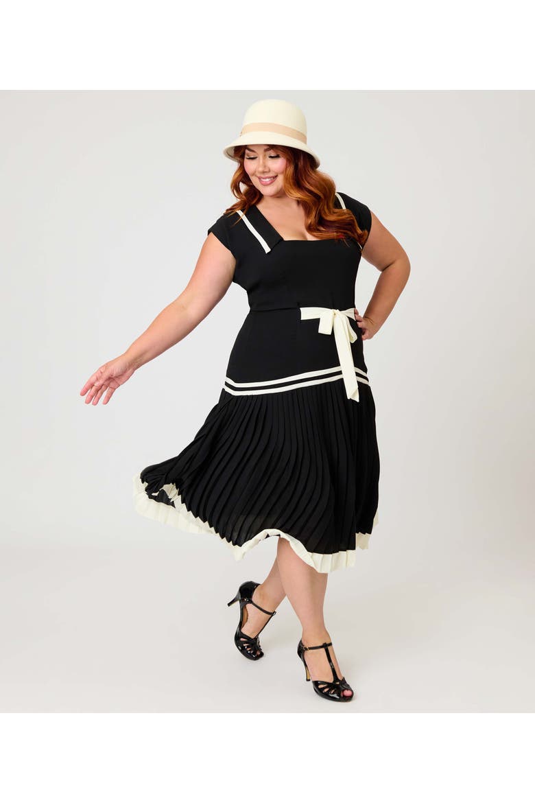 Plus Size Pleated Flapper Day Dress, Alternate, color, Black w/ White Ribbon