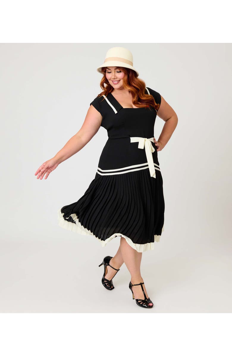 Unique Vintage Plus Size Pleated Flapper Day Dress, Alternate, color, Black W/ White Ribbon