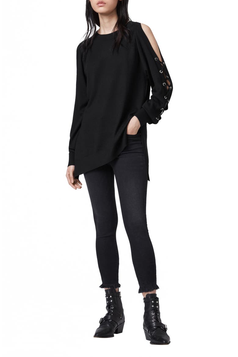 Cross Lace-Up Sleeve Merino Wool Sweater, Alternate, color, BLACK