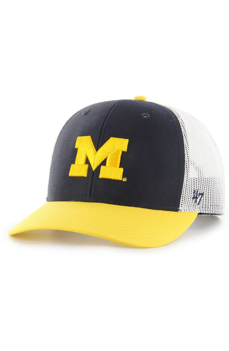 '47 Men's '47 Navy Michigan Wolverines Side Note Trucker Snapback Hat, Alternate, color,