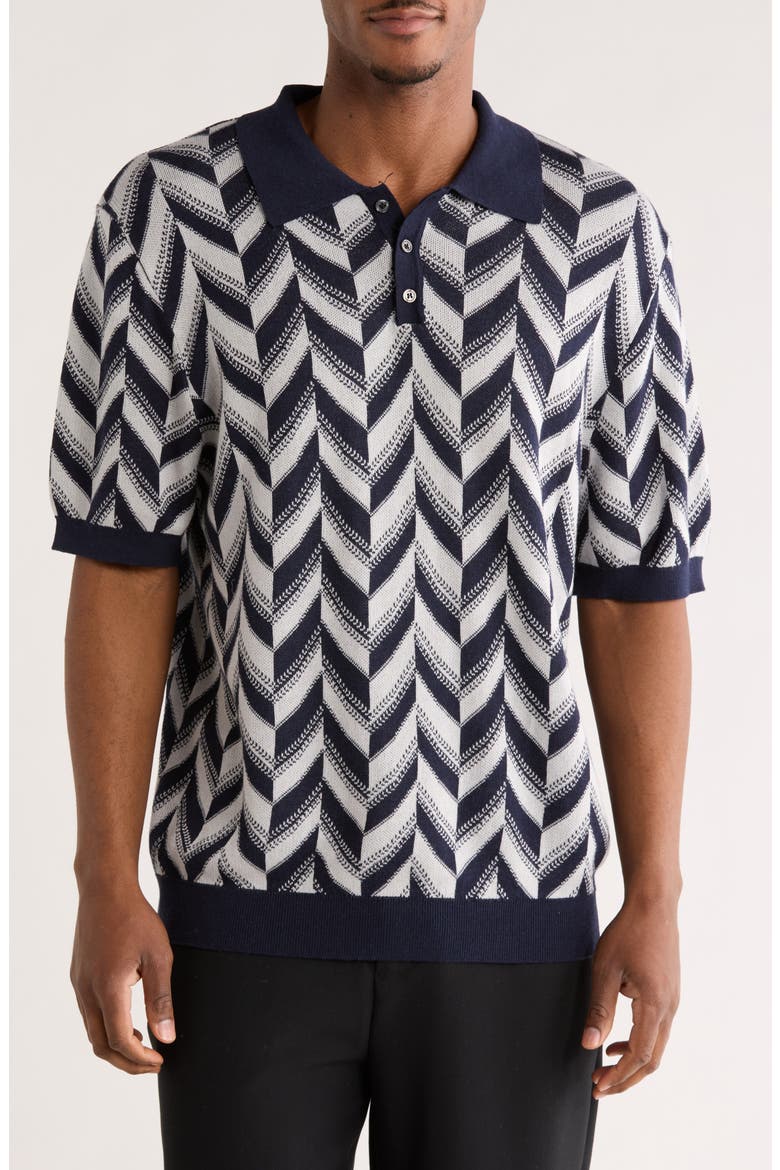 Chevron Silk & Cotton Polo, Main, color, NAVY/ SANDERLING