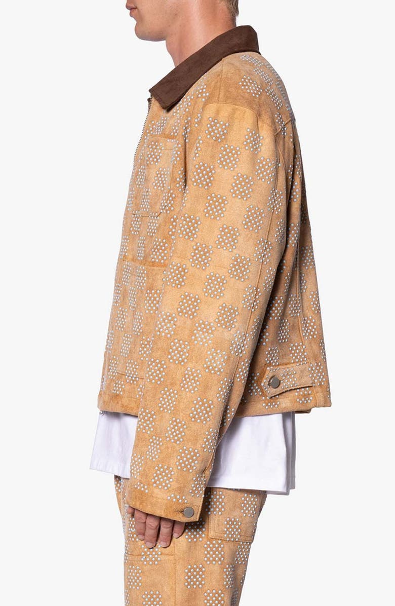 mnml Studded Turquoise Checker Corduroy Collar Trucker Jacket, Alternate, color, Tan