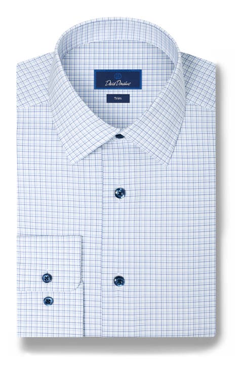 Trim Fit Check Stretch Cotton Twill Dress Shirt