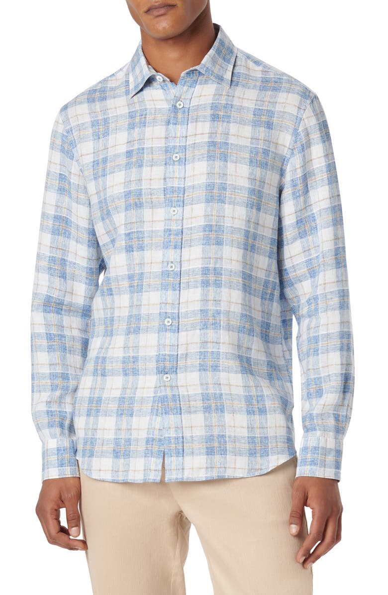 Bugatchi Julian Shaped Fit Linen Button-Up Shirt, Main, color, Classic Blue