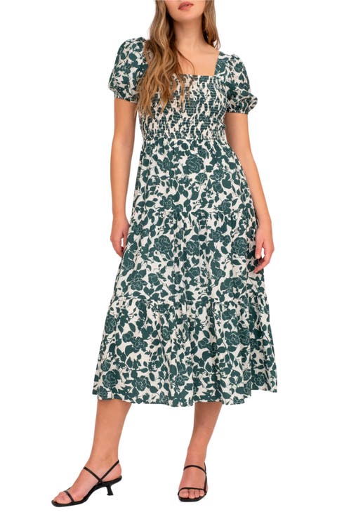 Floral Puff Sleeve Smocked Midi Dress