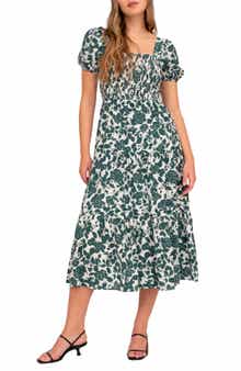 AUGUST SKY Floral Puff Sleeve Smocked Midi Dress