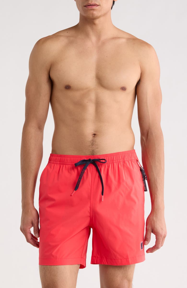 Psycho Bunny Samos Hydrochromic Swim Trunks, Main, color, Bittersweet